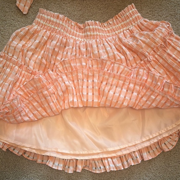 Boutique Two Piece Set Crop Top Ruffle Sleeve Orange Checkered Ruffled Skirt S/M - Picture 6 of 11